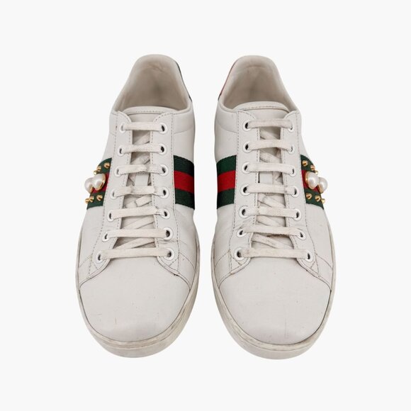 Gucci Pearl-Embellished Ace Sneakers White Leather Size 38.5 US 8.5 Women's - Picture 2 of 15